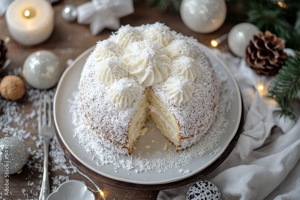 Snowball Cake, A coconut-covered cake with layers of sponge and cream, resembling a snowball, perfect for winter holidays. Top View Snowball Cake, A coconut-covered cake with layers of sponge and cream, resembling a snowball, perfect for winter holidays. Top View