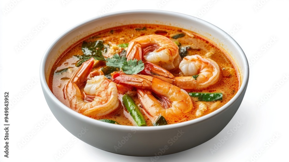 A bowl of Tom Yum Goong with a rich, spicy broth, featuring shrimp and vegetables, set against a clean white background for emphasis. A bowl of Tom Yum Goong with a rich, spicy broth, featuring shrimp and vegetables, set against a clean white background for emphasis.