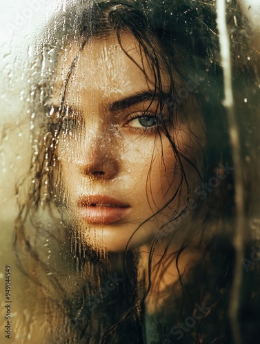 Cinematic portrait of a woman with wet hair. Close-up of a young woman's face standing behind glass covered with raindrops