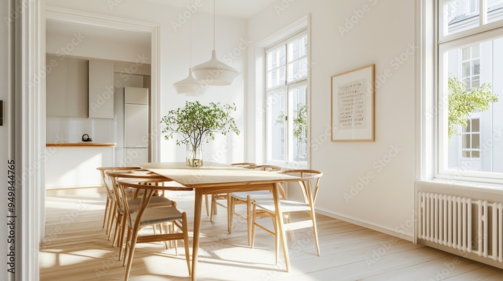 Fototapeta premium A bright and airy Nordic dining area with a simple wooden table, light-colored chairs, and a minimalistic pendant light, emphasizing functionality and elegance