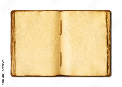 Old open medieval book with worn parchment pages. Isolated on transparent background
