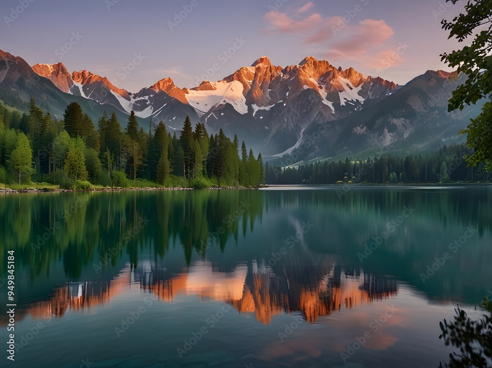Majestic Mountain Reflection in Tranquil Lake at Sunset Majestic Mountain Reflection in Tranquil Lake at Sunset