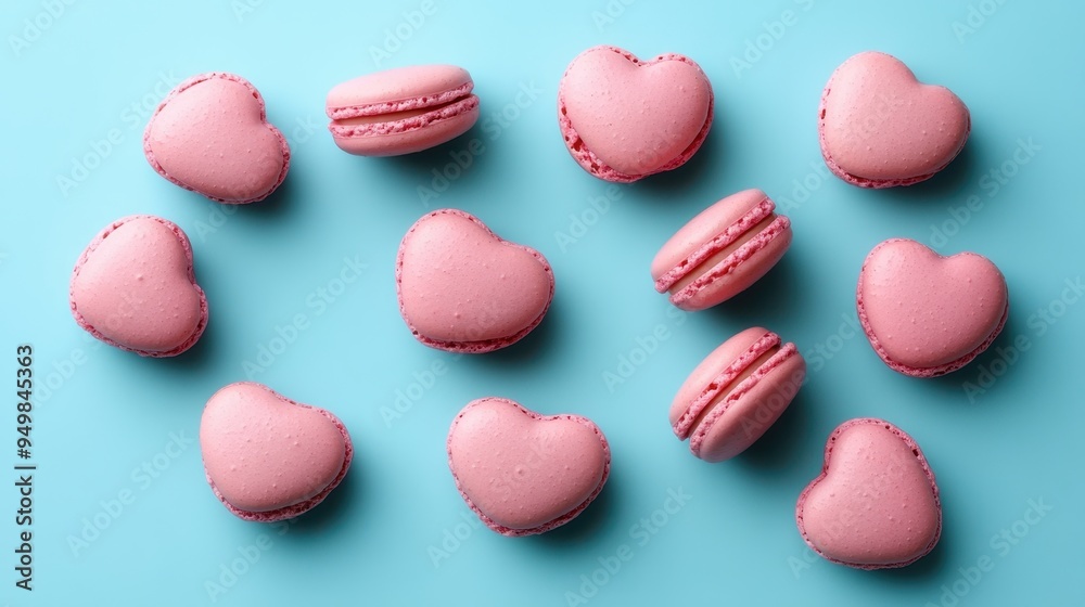 French sweet Pink heart macaroons isolated on blue background. Pastry shop card with copy spacefrench macaroons,Paris Pastry,bakery and branding valentine couple concept,copy space. French sweet Pink heart macaroons isolated on blue background. Pastry shop card with copy spacefrench macaroons,Paris Pastry,bakery and branding valentine couple concept,copy space.