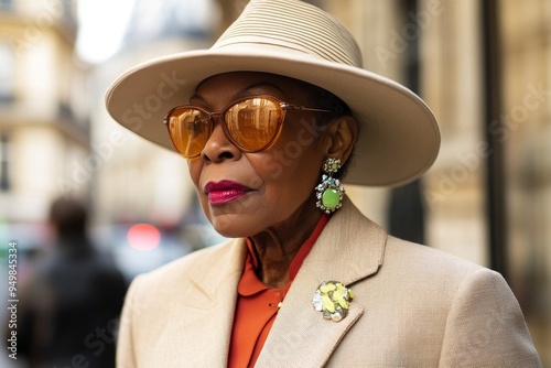 Illustration of a side view of an old black woman in elegant attire and hat standing in a blurred Parisian street
