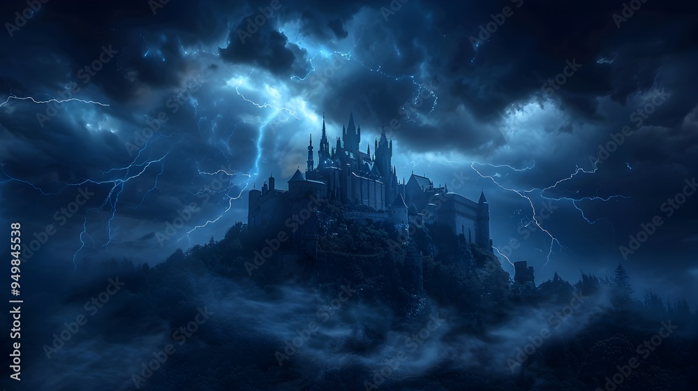 Fototapeta premium Enigmatic castle on a hilltop with lightning illuminating the dark sky and turrets