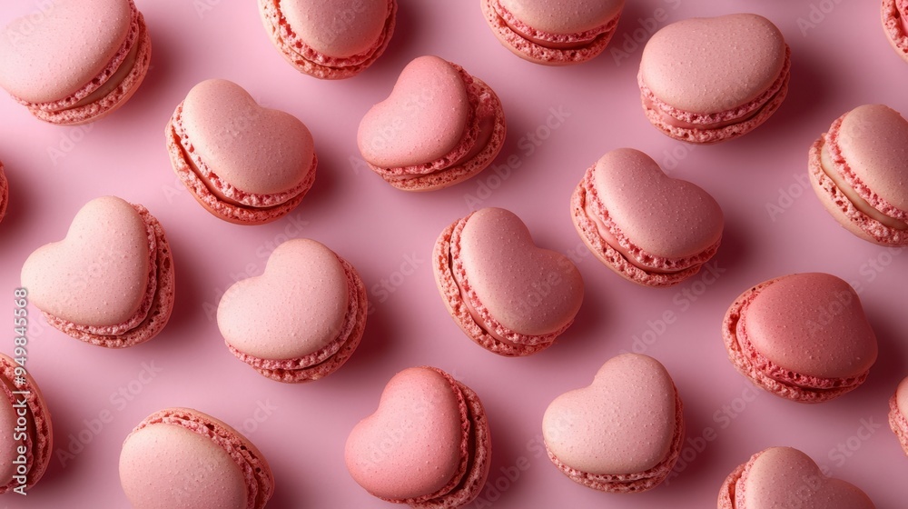 Fototapeta premium French sweet Strawberry Pink heart macaroons isolated on pink background. Pastry shop card with copy spacefrench macaroons,Paris Pastry,bakery and branding valentine couple concept,copy space.
