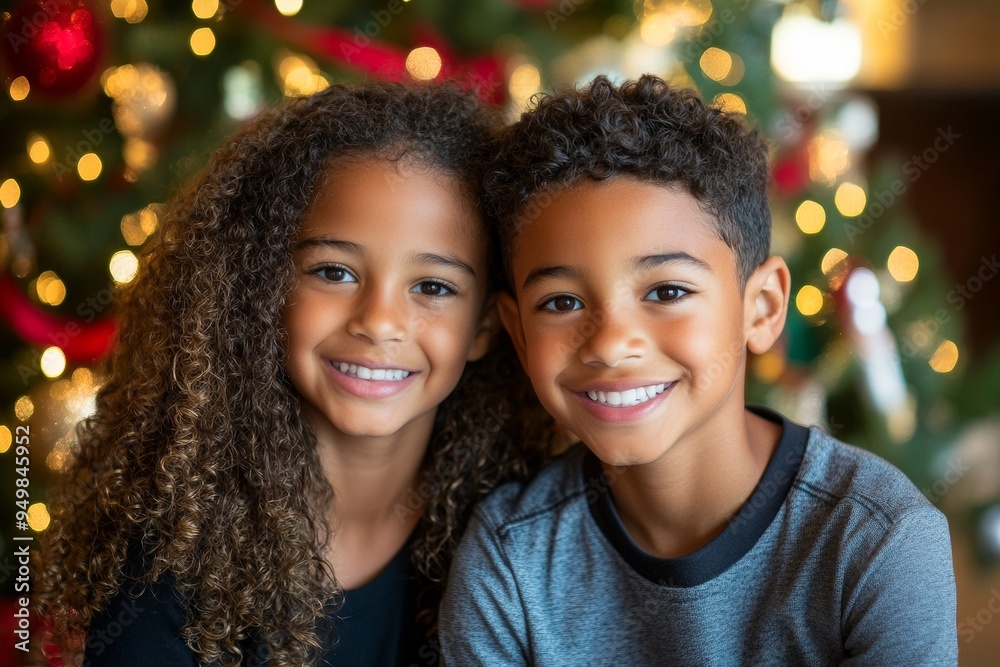 Black children playing around a Christmas tree surrounded by decorations and looking at camera stock illustration