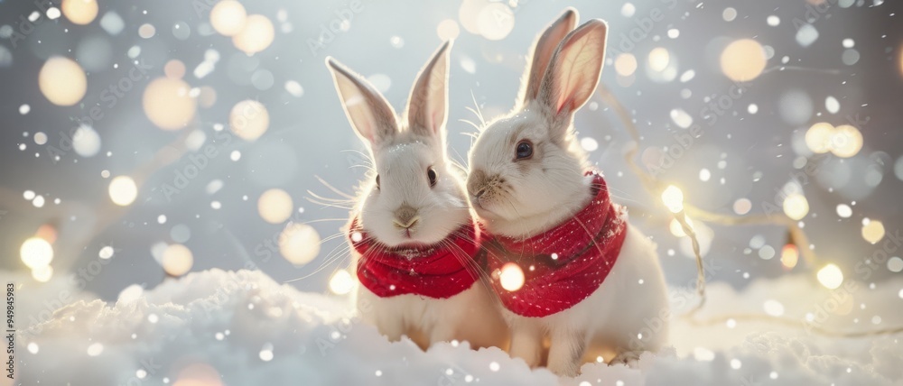 Two white bunnies wearing red scarves sit cozily in the snow, surrounded by sparkling lights, creating a whimsical winter wonderland. Two white bunnies wearing red scarves sit cozily in the snow, surrounded by sparkling lights, creating a whimsical winter wonderland.