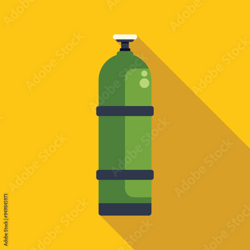 Simple green oxygen cylinder standing up on a yellow background casting a shadow