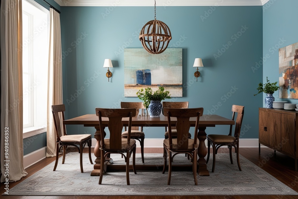Stylish Dining Space Featuring Rustic Brown Armchair on Soft Blue Wall Background Stylish Dining Space Featuring Rustic Brown Armchair on Soft Blue Wall Background