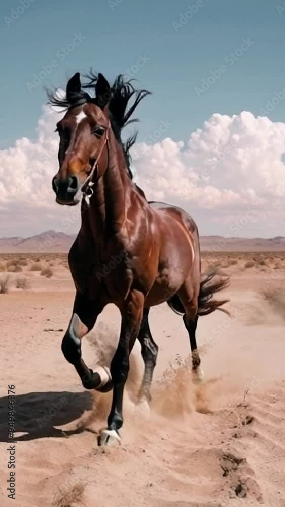 A majestic horse gallops through the sunlit desert landscape under a brilliant blue sky A majestic horse gallops through the sunlit desert landscape under a brilliant blue sky