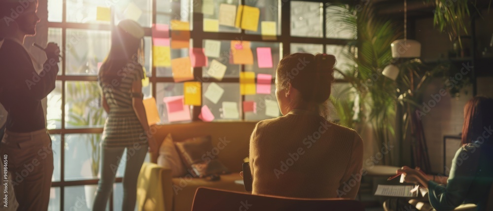 Sunlight drenches a collaborative workspace where people brainstorm with sticky notes on a window, fostering creativity and teamwork. Sunlight drenches a collaborative workspace where people brainstorm with sticky notes on a window, fostering creativity and teamwork.