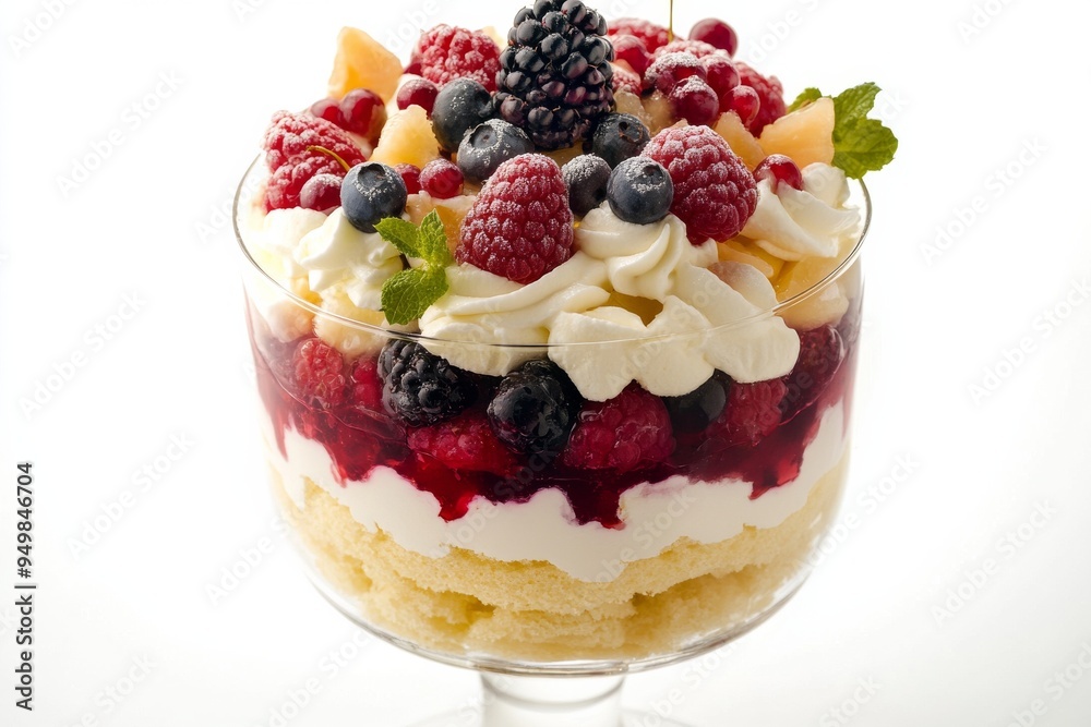 Trifle, A British layered dessert made with sponge cake, custard, whipped cream, and fruits, often enjoyed as a Christmas treat. isolated on white background