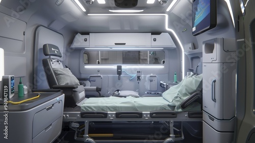 Modern medical transport interior with a bed, a chair and medical equipment.