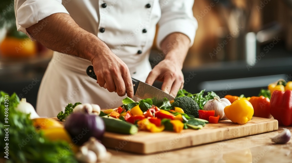 A chef skillfully chopping fresh vegetables on a wooden cutting board, with colorful ingredients and a clean, organized kitchen countertop in the background. A chef skillfully chopping fresh vegetables on a wooden cutting board, with colorful ingredients and a clean, organized kitchen countertop in the background.