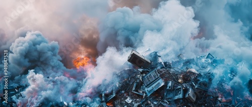 Thick smoke rises from burning piles of electronic waste, creating an apocalyptic scene of pollution and destruction.