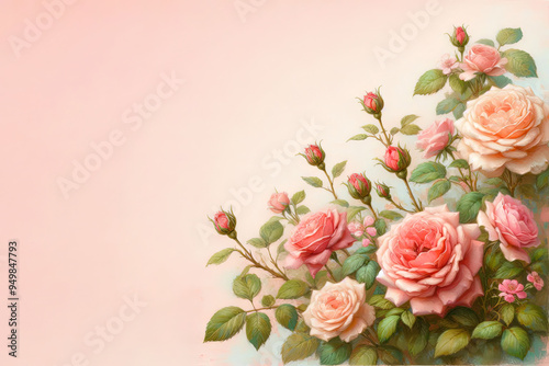 Wallpaper Mural Greeting, invitation, celebration, congratulation, vertical, card. Rose flowers blooming in garden isolated in the light pink blank space background. impasto oil painting Torontodigital.ca