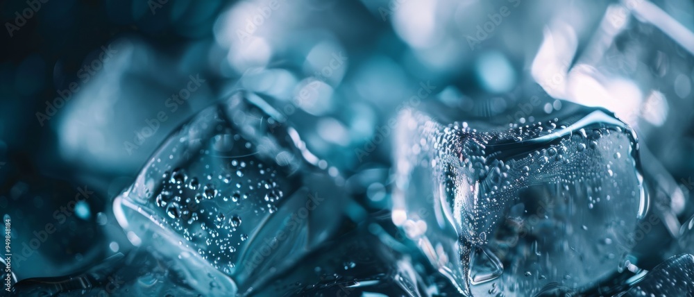 Melting ice cubes close-up, with water droplets and blue hues, creating a refreshing and cooling visual experience. Melting ice cubes close-up, with water droplets and blue hues, creating a refreshing and cooling visual experience.