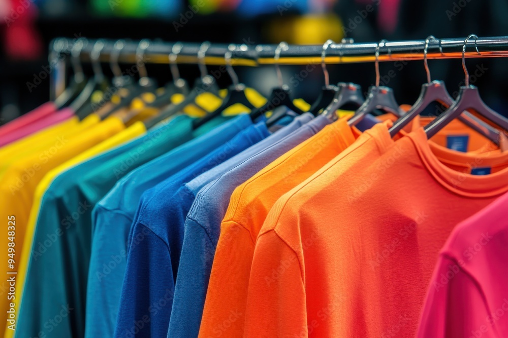 Fototapeta premium Colorful tshirts on hangers apparel background print on demand concept cloth store