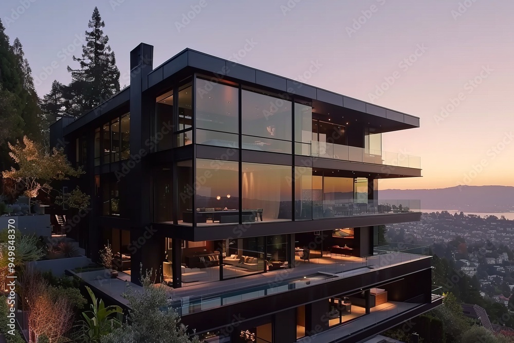 A sleek, modern house with large glass windows revealing warmly lit interiors at dusk. The minimalist architecture is set against a serene outdoor backdrop with trees and a clear evening sky. A sleek, modern house with large glass windows revealing warmly lit interiors at dusk. The minimalist architecture is set against a serene outdoor backdrop with trees and a clear evening sky.