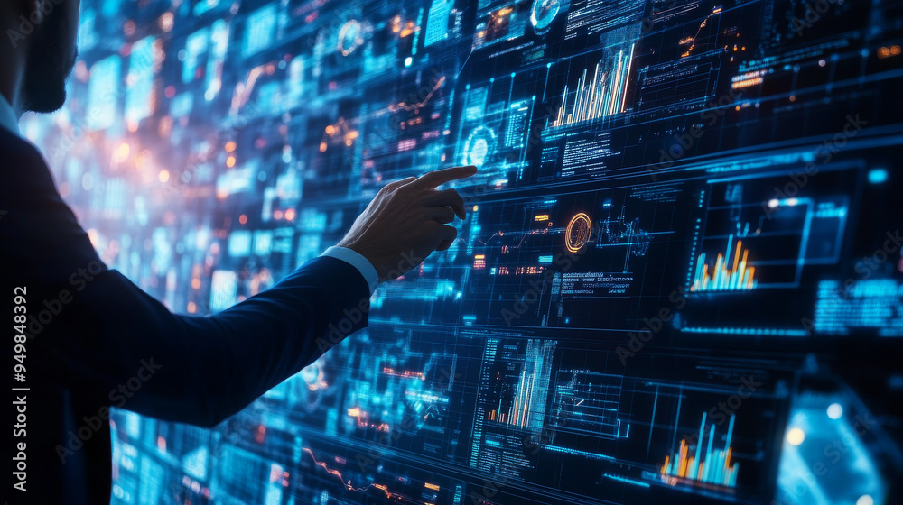 The scene portrays a modern AI-driven workflow where data management, analytics, and business reporting are automated. A businessman is seen touching a virtual screen filled with dynamic elements such