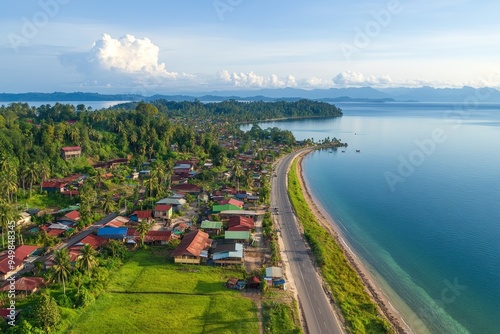 The coastline of Wewak City, East Sepik Province, Papua New Guinea as seen from an aerial drone. photo