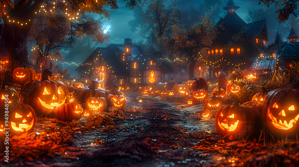 witch village illustration with pumpkins on halloween night witch village illustration with pumpkins on halloween night