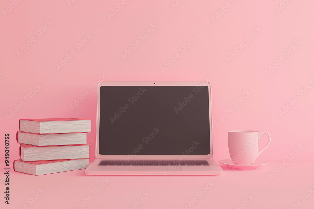 fondo de escritorio con ordenador portatil y libros apilados para estudiar, sobre fondo rosa pastel, concepto vuelta a la escuela, lectura fondo de escritorio con ordenador portatil y libros apilados para estudiar, sobre fondo rosa pastel, concepto vuelta a la escuela, lectura