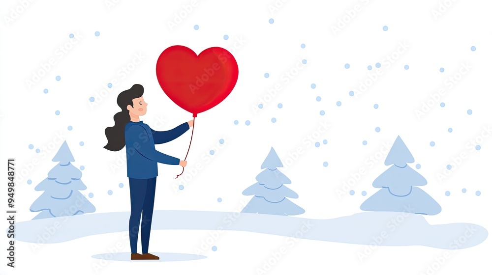 Woman Releases Heart-Shaped Balloon in Snowy Landscape Woman Releases Heart-Shaped Balloon in Snowy Landscape