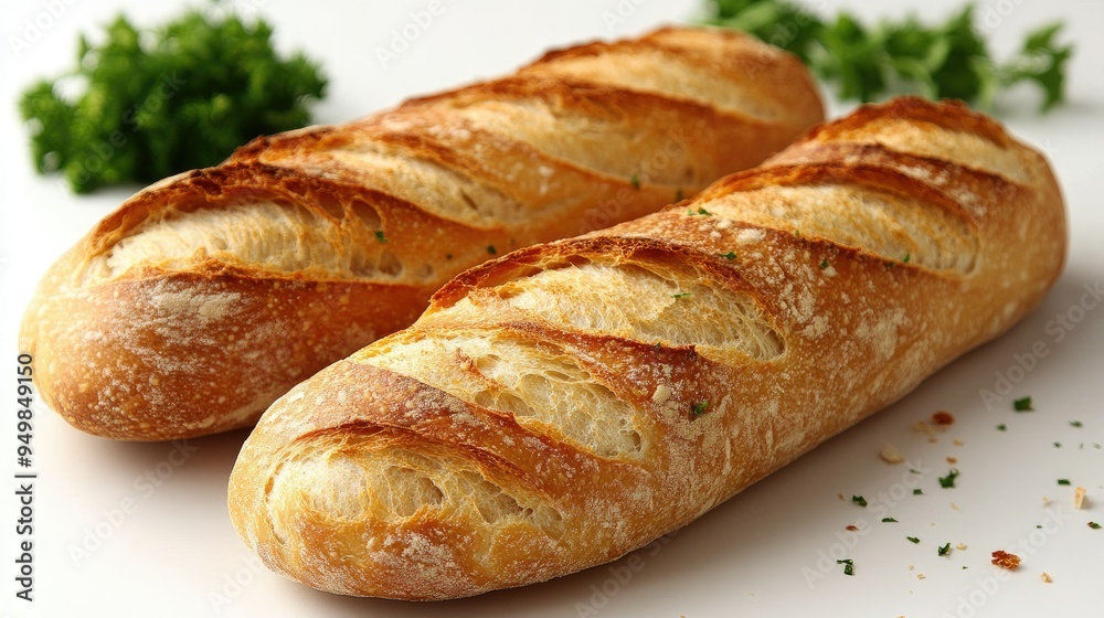 A fresh baguette with a crispy crust, isolated on a white background A fresh baguette with a crispy crust, isolated on a white background