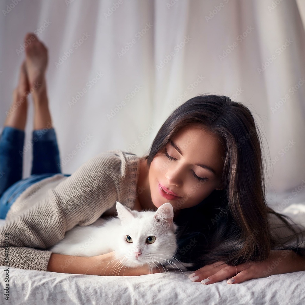 beautiful English girl cuddling a cat, AI generated beautiful English girl cuddling a cat, AI generated