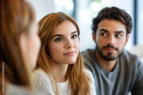 Couple listening to female therapist in couples therapy counseling session