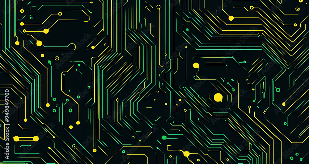 A Circuit Board Pattern with Green and Yellow Lines on a Dark Background, Representing the Complex Network of Modern Technology, Perfect for Illustrating Themes of Electronics, Digital Connectivity, a A Circuit Board Pattern with Green and Yellow Lines on a Dark Background, Representing the Complex Network of Modern Technology, Perfect for Illustrating Themes of Electronics, Digital Connectivity, a
