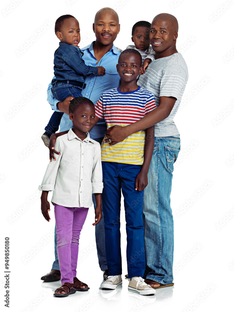 Black family, happy and portrait in studio with kids, support and pride in tradition. African brothers, children and care on white background for relationship development, reunion and good memories Black family, happy and portrait in studio with kids, support and pride in tradition. African brothers, children and care on white background for relationship development, reunion and good memories