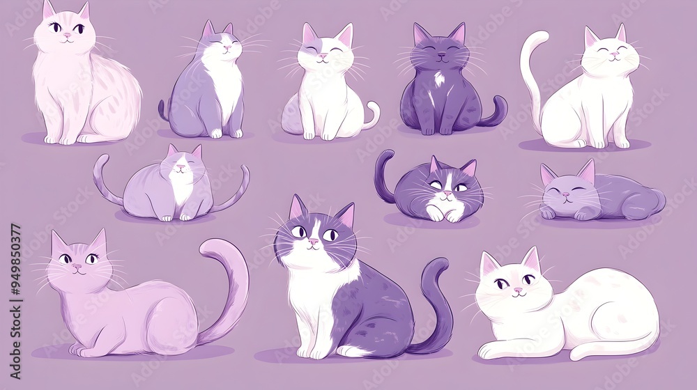 Charming Collection of Cartoon Style Lavender Cats in Various Playful Poses and Distinctive Breeds Charming Collection of Cartoon Style Lavender Cats in Various Playful Poses and Distinctive Breeds
