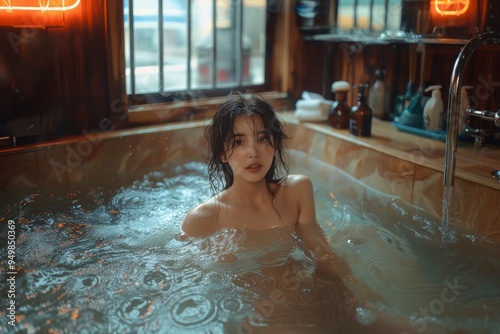 young woman in a pool, with water gently cascading around her. Her wet hair frames her face, creating a calm and reflective atmosphere.