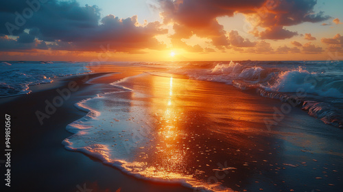 Golden sunlight reflects on the water as waves gently roll in at twilight, creating a peaceful atmosphere along the coastline.