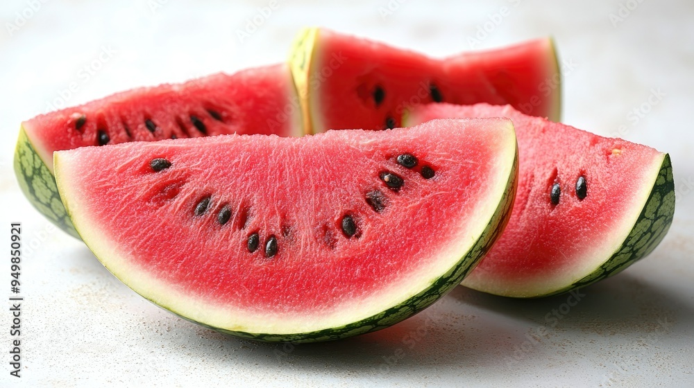 A juicy, sliced watermelon with vibrant red flesh on a white surface A juicy, sliced watermelon with vibrant red flesh on a white surface