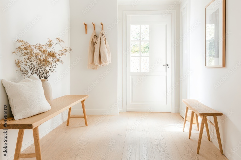 Fototapeta premium Minimalistic Scandinavian Mudroom with Wooden Storage Benches in Neutral Tones