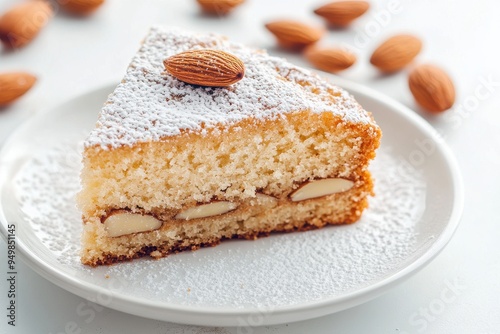 Delicious Almond Cake Slice Close-up of Homemade Nutty Dessert with Powdered Sugar