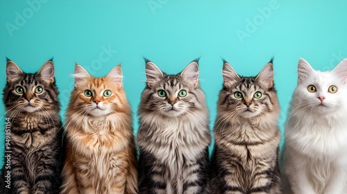 Diverse Multicolored Domestic Cat Breeds Striking Poses Against Vibrant Fresh Mint Background