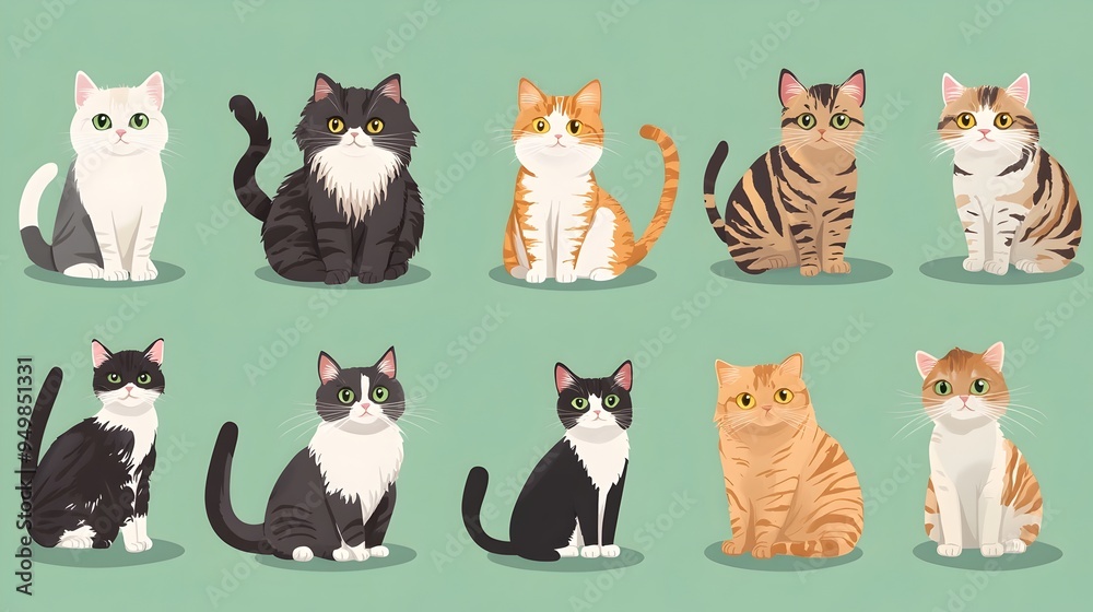 Variety of Cartoon Cats in Mint Green Backdrop Variety of Cartoon Cats in Mint Green Backdrop
