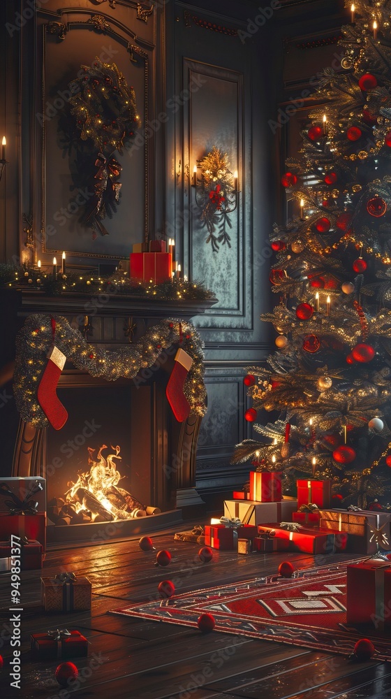interior christmas. magic glowing tree, fireplace, gifts in dark