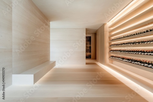 Modern and Sophisticated Scandinavian Wine Cellar with Minimalistic Design and Soft Lighting in Neutral Tones