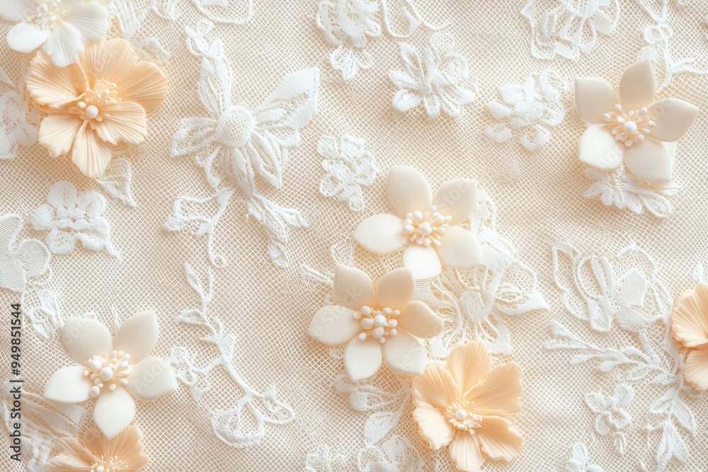 Detailed lace pattern with floral design, close up photo realistic pattern background, intricate textiles add a touch of elegance to any garment.
