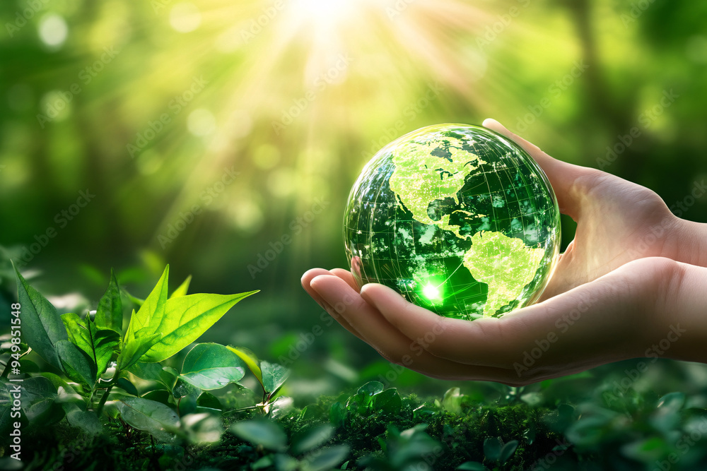 A hand gently holds a green globe above lush plants symbolizing environmental care and the protection of nature A hand gently holds a green globe above lush plants symbolizing environmental care and the protection of nature