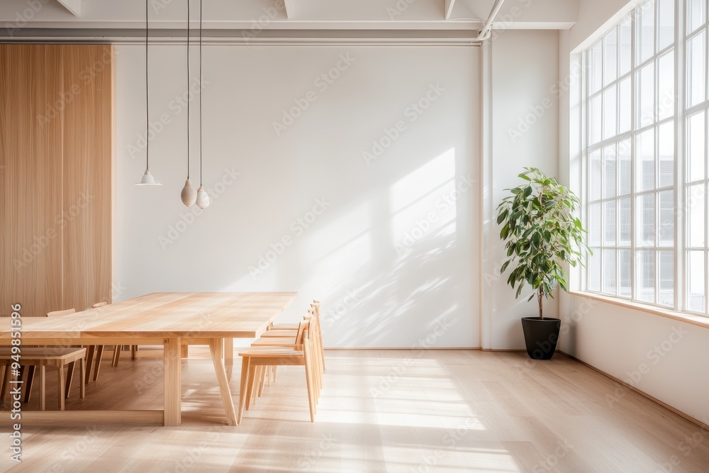 Fototapeta premium Serene Scandinavian Workshop: Minimalistic Wooden Workbenches in Modern Design