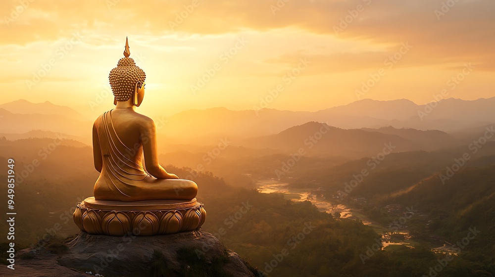 Serene Golden Buddha Statue on Hilltop Overlooking Valley at Sunrise Serene Golden Buddha Statue on Hilltop Overlooking Valley at Sunrise