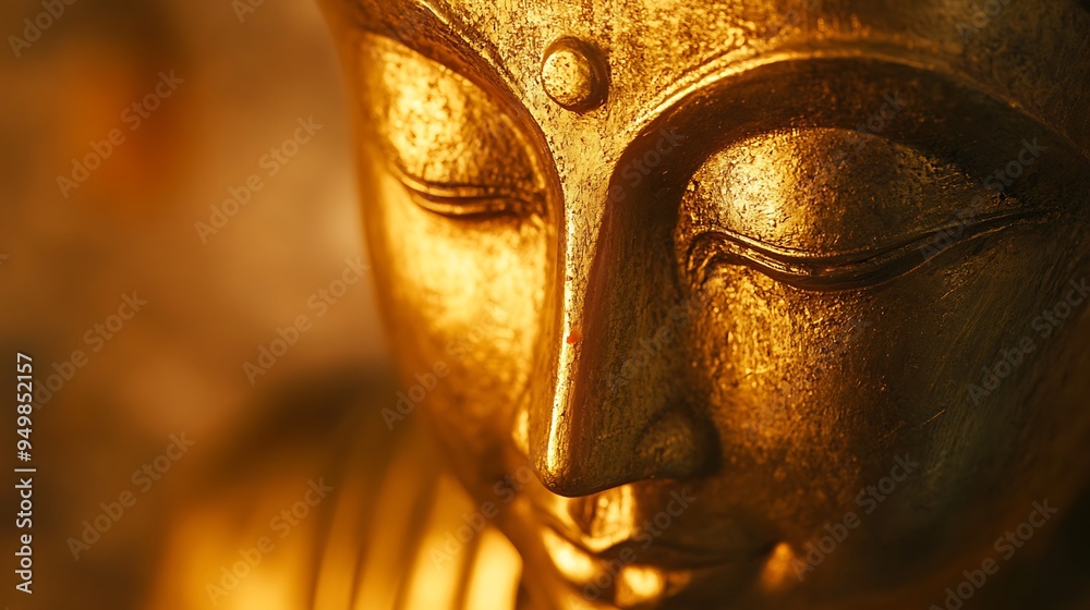 Fototapeta premium Serene Golden Buddha Statue: Close-up of Spiritual Face in Soft Light and Shadows