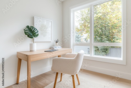 Minimalist Scandinavian Home Office with Wooden Desk and Ergonomic Chair Bathed in Natural Light for Increased Productivity